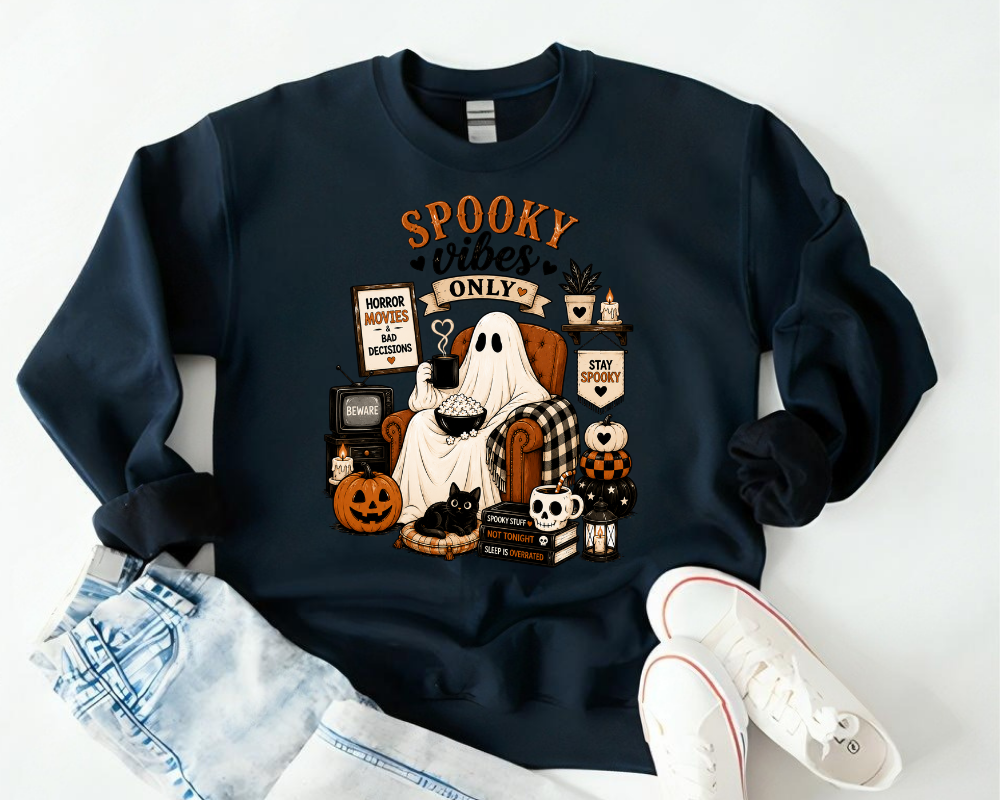 Spooky Vibes Only Halloween Sweatshirt, Cute Ghost Crewneck Sweatshirt, Cozy Fall Hoodie, Halloween Pumpkin Black Cat Sweatshirt, Gift for Women
