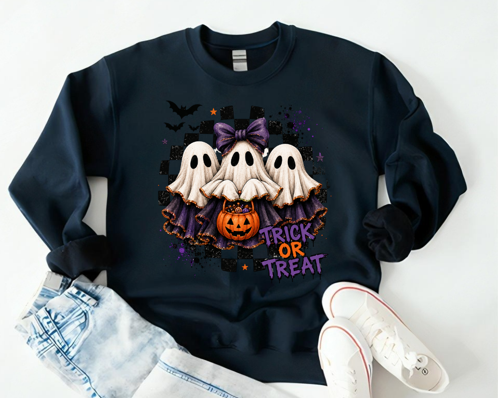 Cute Ghost Halloween Sweatshirt, Trick or Treat Crewneck, Coquette Ghost Sweatshirt, Spooky Season Shirt, Halloween Gift for Women