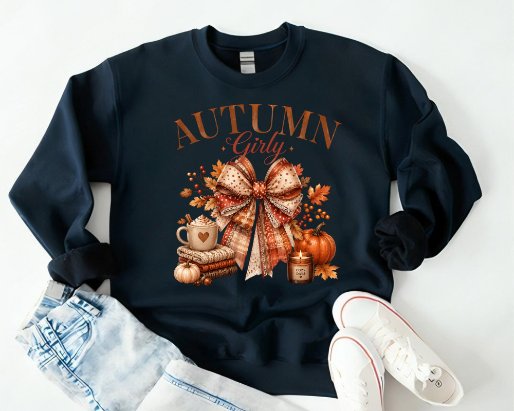 Cozy Autumn Girly Fall Sweatshirt, Coquette Autumn Bow Shirt, Pumpkin Spice Season Crewneck, Cute Fall Aesthetic Gift