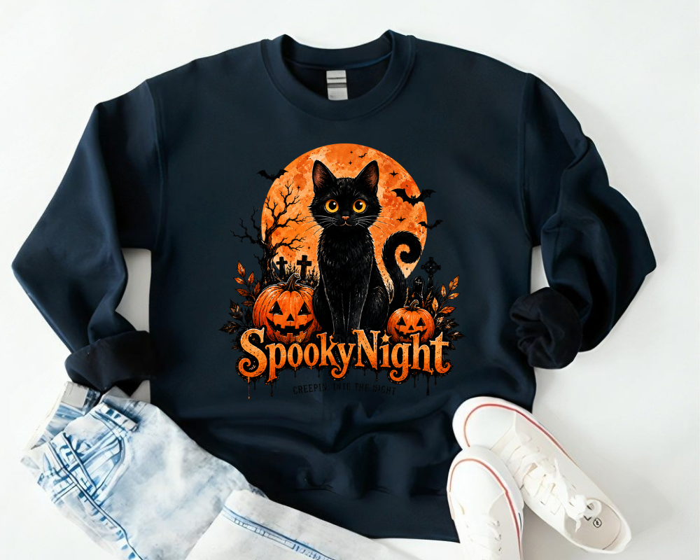 Spooky Night Black Cat Halloween Sweatshirt, Pumpkin Crewneck, Gift for Cat Lovers