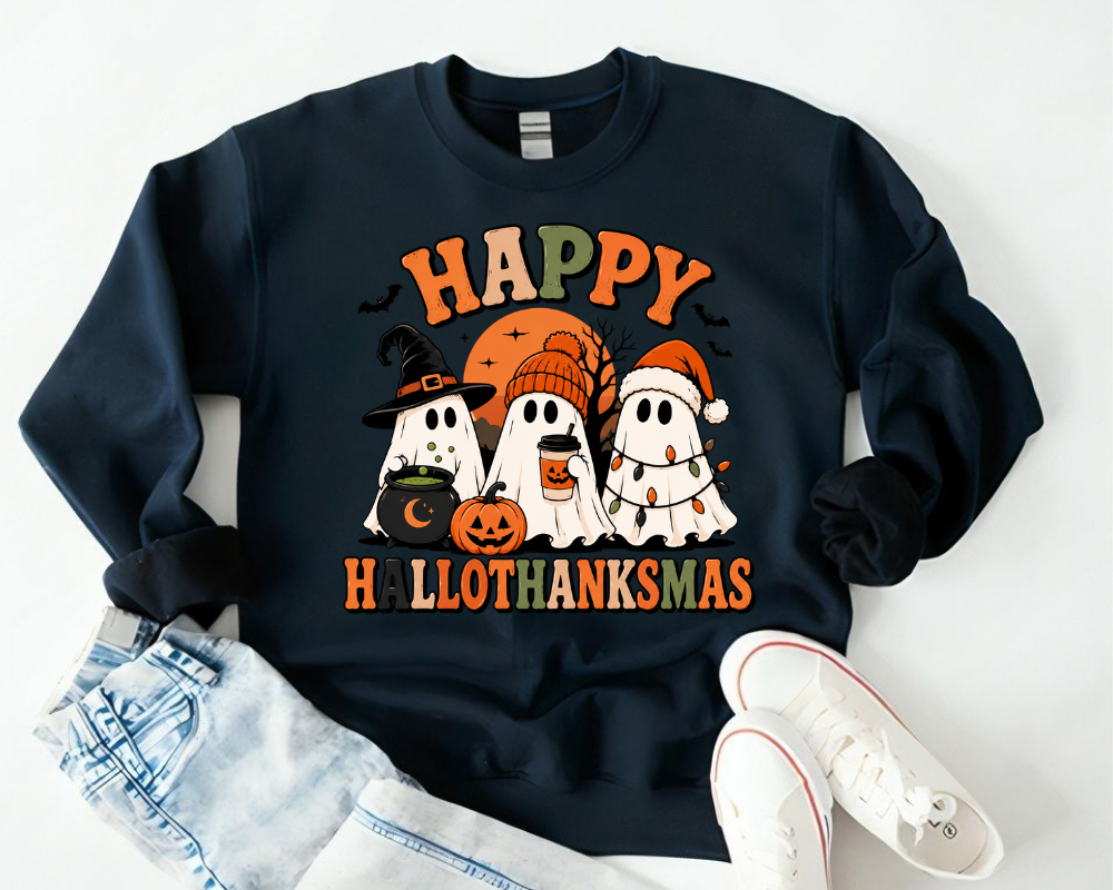 Happy Hallothanksmas Sweatshirt, Holiday Ghost Hoodie, Halloween Thanksgiving Christmas Crewneck, Gift for Holiday Lovers