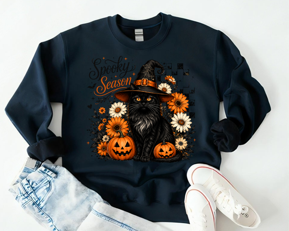 Spooky Season Halloween Sweatshirt, Witch Black Cat Crewneck, Gift for Cat Lovers