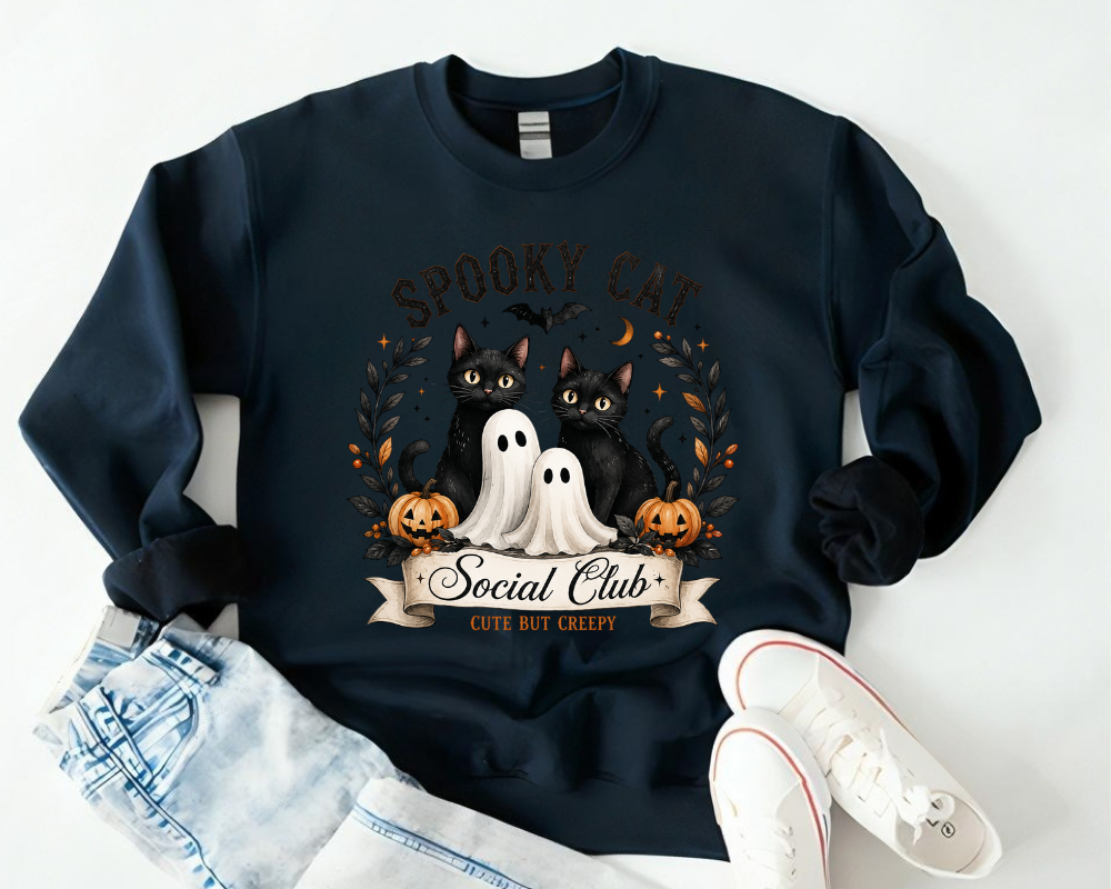 Spooky Cat Social Club Halloween Sweatshirt, Ghost Cat Crewneck, Gift for Cat Lovers
