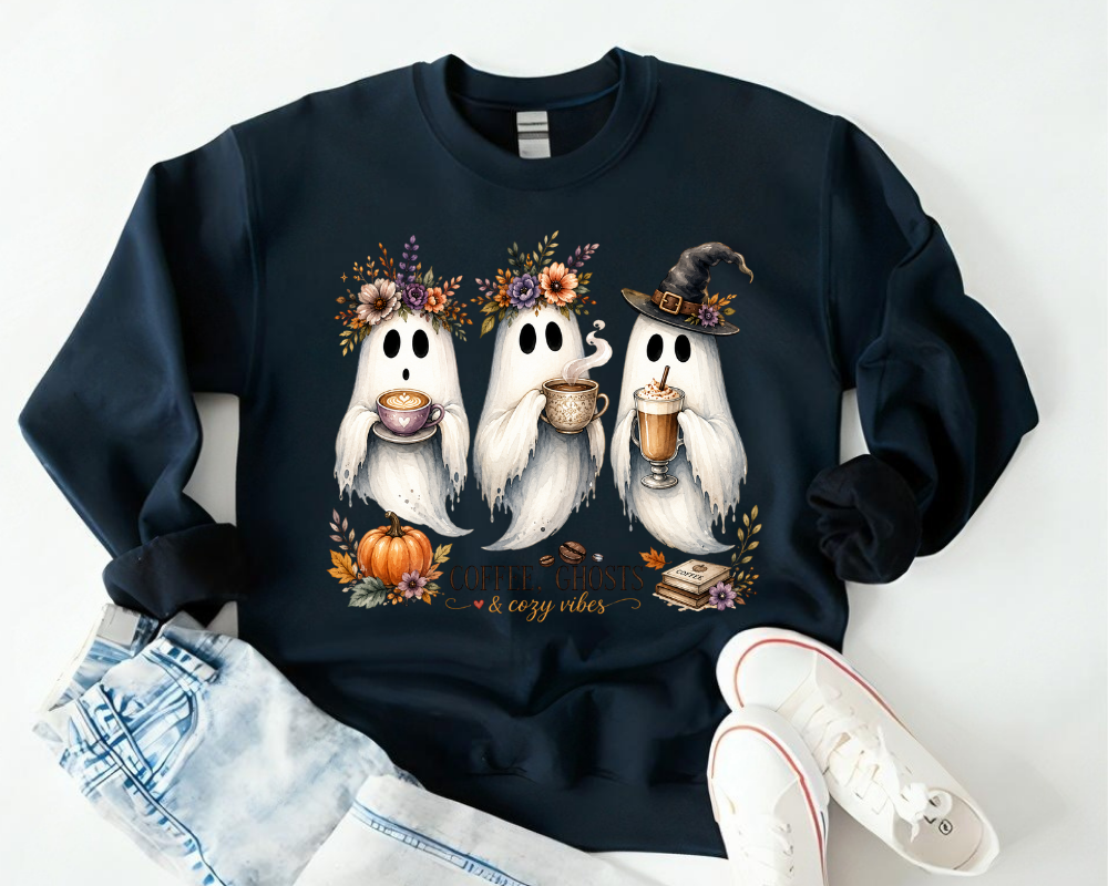 Cute Ghost Halloween Sweatshirt, Coffee Ghosts & Cozy Vibes Crewneck, Spooky Season Coffee Shirt, Fall Coffee Lover Gift