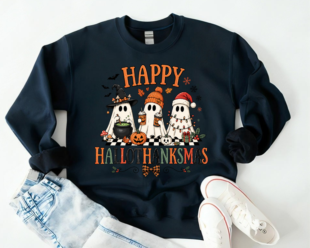 Happy Hallothanksmas Sweatshirt, Holiday Ghost Hoodie, Cute Spooky Christmas Crewneck, Gift for Holiday Lovers