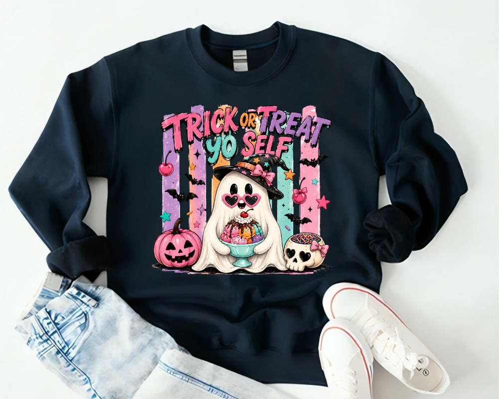 Trick or Treat Yo Self - Ghost Halloween Sweatshirt, Cute Ghost Shirt, Funny Halloween Sweatshirt, Women's Halloween Crewneck, Spooky Season Sweatshirt