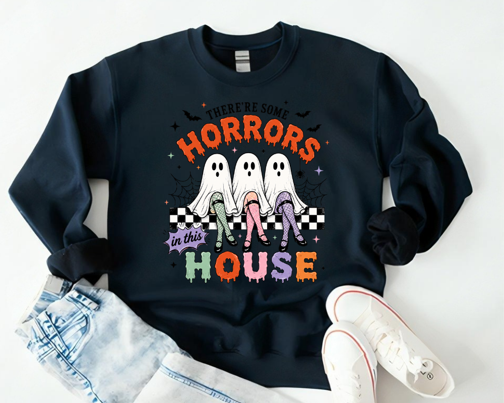 There's Some Horrors In This House Halloween Sweatshirt, Cute Ghost Trio Crewneck, Retro Coquette Spooky Season Pullover, Funny Ghost Graphic Sweatshirt, Halloween Gift for Women