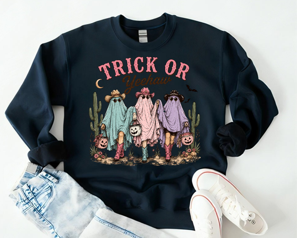 Trick Or Yeehaw Sweatshirt, Western Halloween Ghost Crewneck, Cowgirl Ghost Shirt, Country Fall Gift for Women