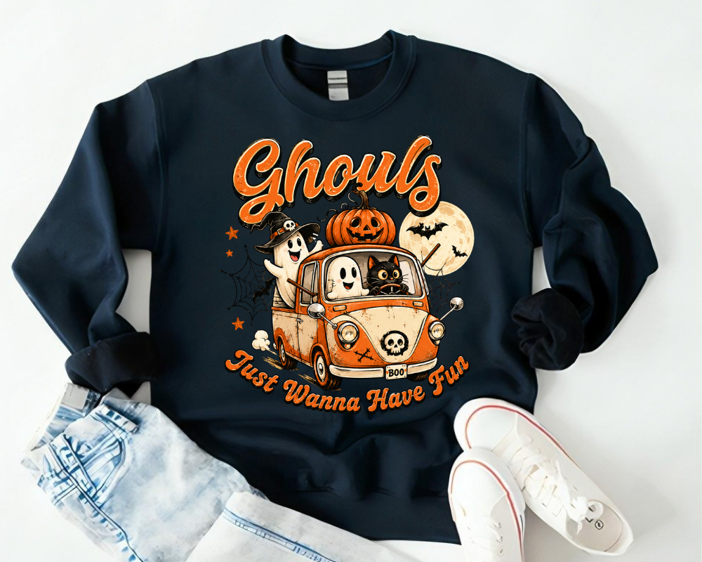 Ghouls Just Wanna Have Fun, Vintage Halloween Ghost Sweatshirt, Cute Spooky Season Shirt, Retro Fall Graphic Crewneck, Halloween Road Trip Gift
