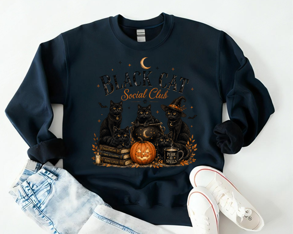 Black Cat Social Club Halloween Sweatshirt, Cozy Magic Cat Crewneck, Gift for Cat Lovers