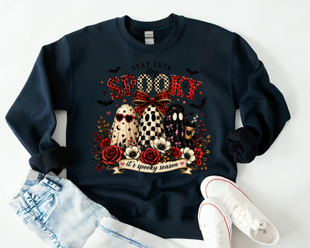 Spooky Season Sweatshirt, Stay Cute Stay Spooky Crewneck, Cute Ghost Halloween Shirt, Coquette Ghost Graphic Sweatshirt, Halloween Gift for Women
