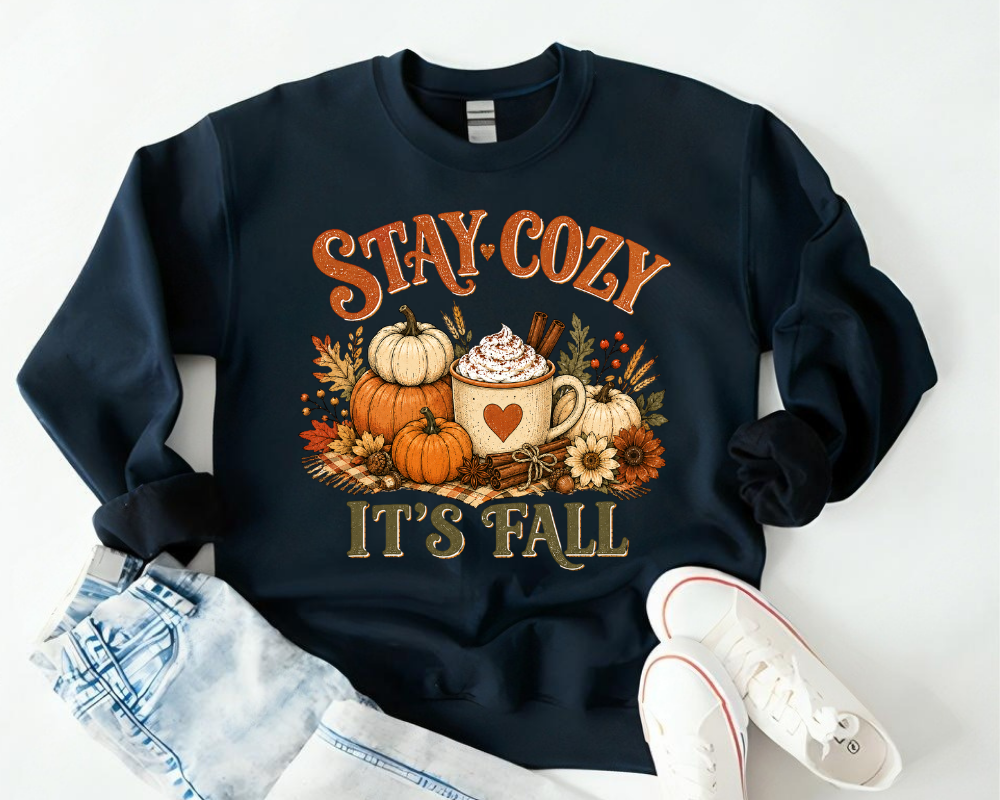 Stay Cozy It's Fall Sweatshirt, Cozy Autumn Pumpkin Crewneck, Fall Coffee Graphic Pullover, Cute Thanksgiving Sweatshirt, Fall Gift for Women