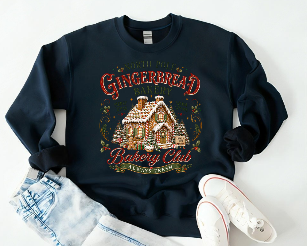 North Pole Gingerbread Bakery, Cozy Christmas Sweatshirt, Gingerbread House Holiday Crewneck, Vintage Christmas Graphic Shirt, Baking Lover Gift