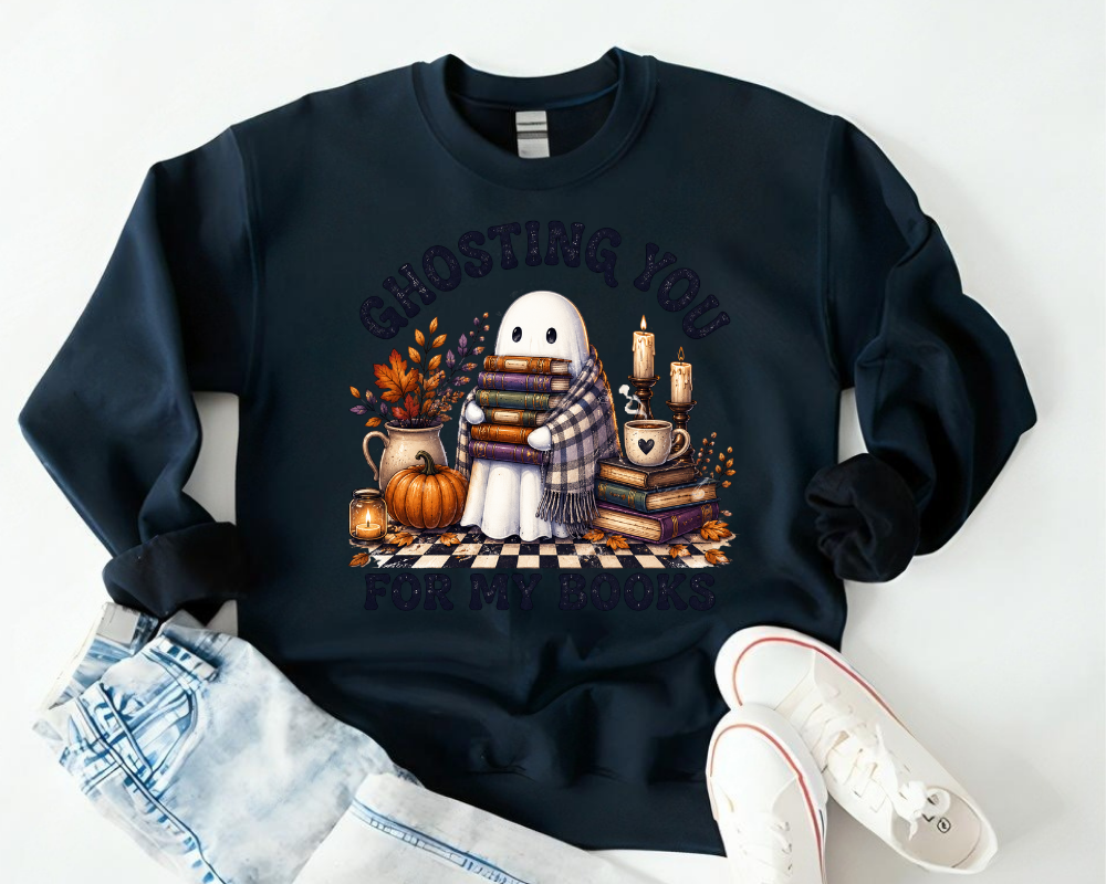 Ghosting You For My Books Sweatshirt, Halloween Book Lover Crewneck, Cute Ghost Reading Shirt, Spooky Reader Gift