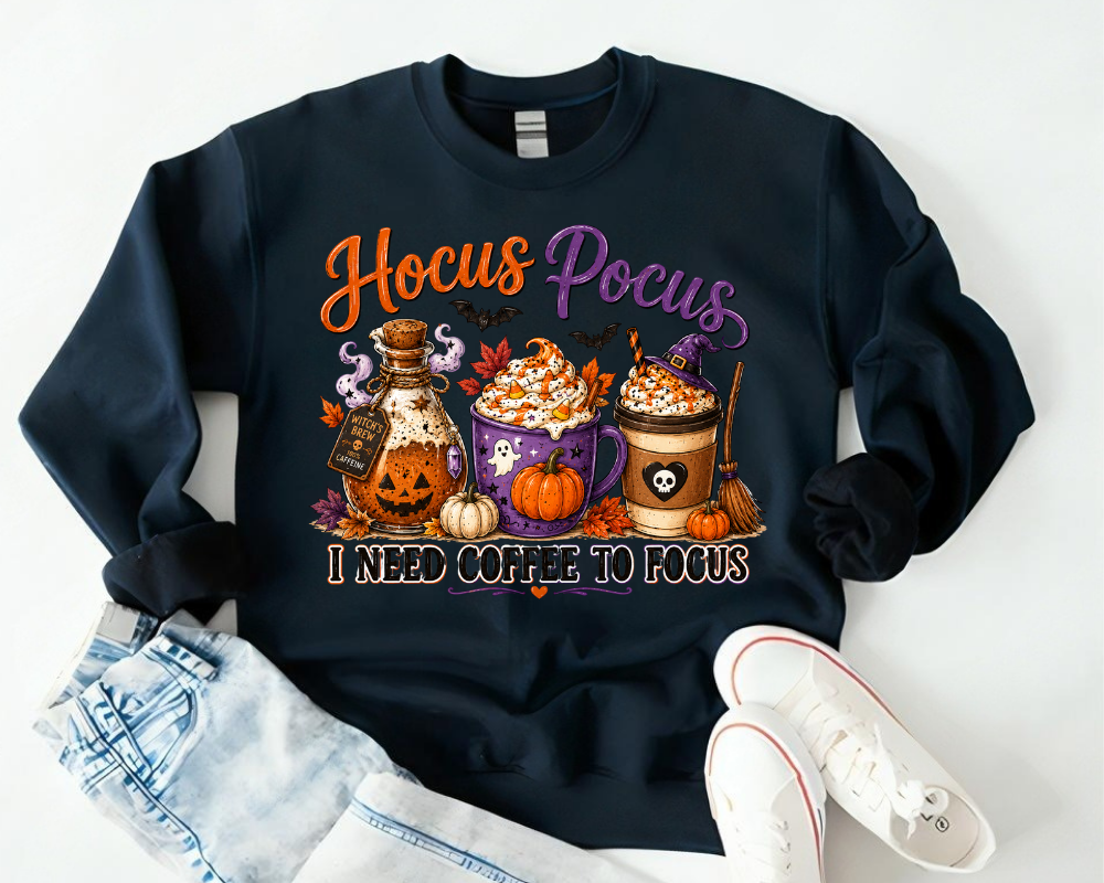 Hocus Pocus Sweatshirt, I Need Coffee To Focus Sweatshirt, Halloween Coffee Shirt, Witch Coffee Lover Graphic Crewneck, Pumpkin Spice Fall Sweatshirt, Gift for Women