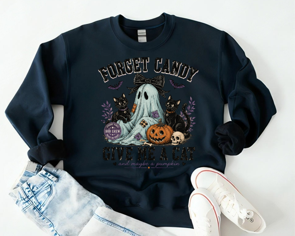 Forget Candy Give Me a Cat Sweatshirt, Black Cat Ghost Halloween Crewneck, Cute Spooky Season Sweatshirt, Cat Lover Fall Shirt, Halloween Gift for Women