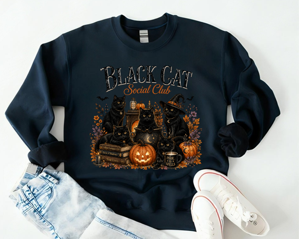 Black Cat Social Club Halloween Sweatshirt, Witch Cat Crewneck, Gift for Cat Lovers