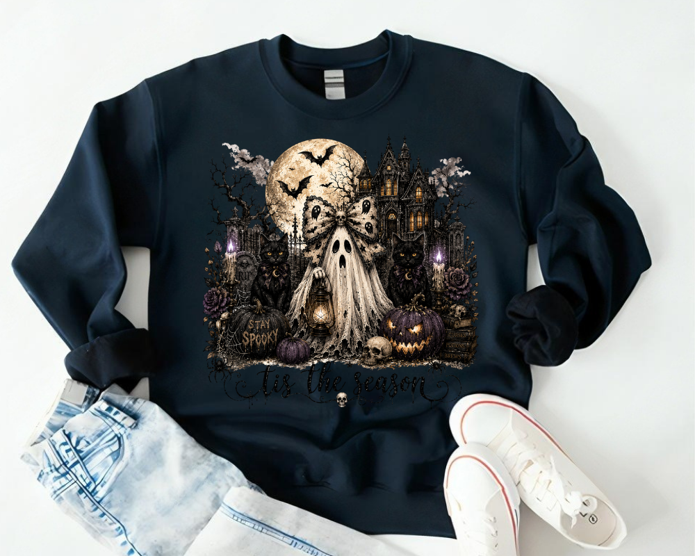 'Tis the Season - Gothic Halloween Ghost Sweatshirt, Haunted House Black Cat Shirt, Spooky Season Graphic Crewneck, Dark Halloween Gift