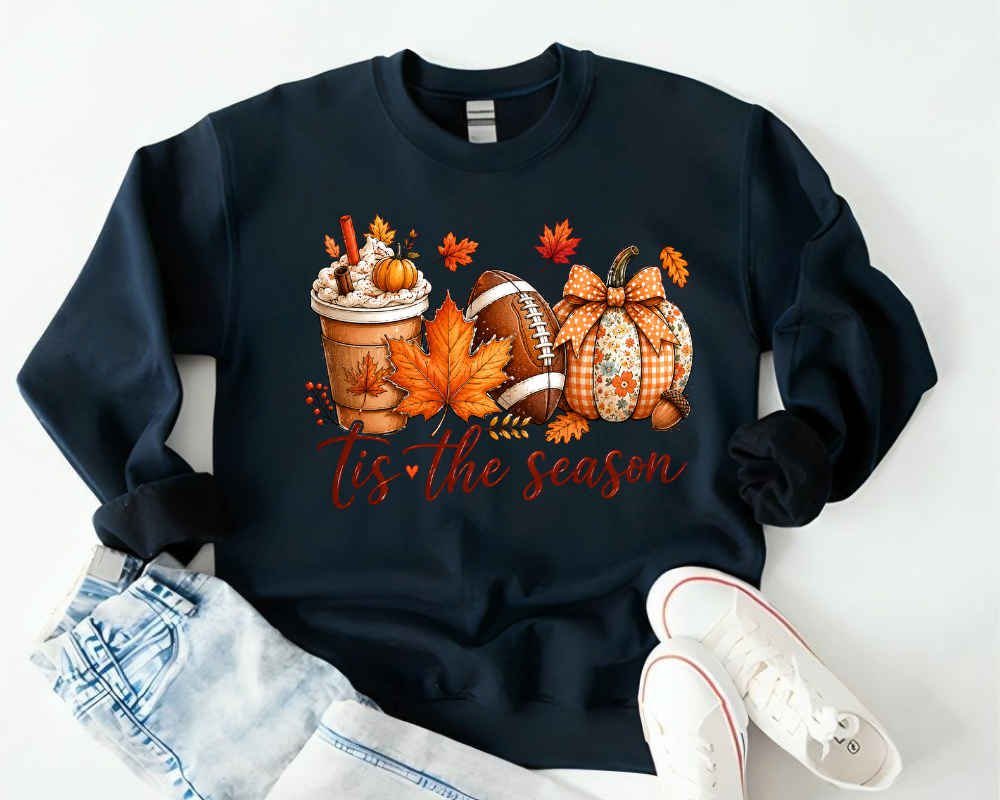Cozy Autumn Tis the Season Fall Sweatshirt, Pumpkin Spice Football Sweatshirt