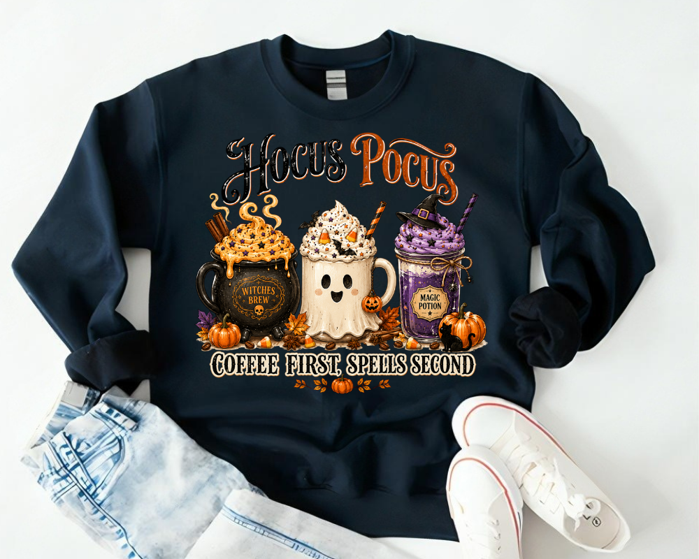 Hocus Pocus Sweatshirt, Halloween Coffee Sweatshirt, Witch Coffee Shirt, Coffee First Spells Second Graphic Crewneck, Pumpkin Spice Fall Sweatshirt, Cute Halloween Gift for Coffee Lovers