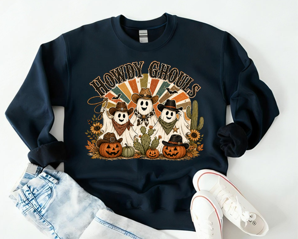 Howdy Ghouls Ghost Halloween Sweatshirt, Western Halloween Shirt, Cowboy Cowgirl Halloween Crewneck, Western Fall Sweater