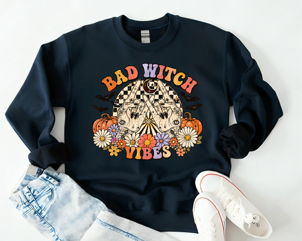 Bad Witch Vibes Halloween Sweatshirt, Retro Boho Witch Shirt, Spooky Season Crewneck, Vintage Witchy Fall Sweater