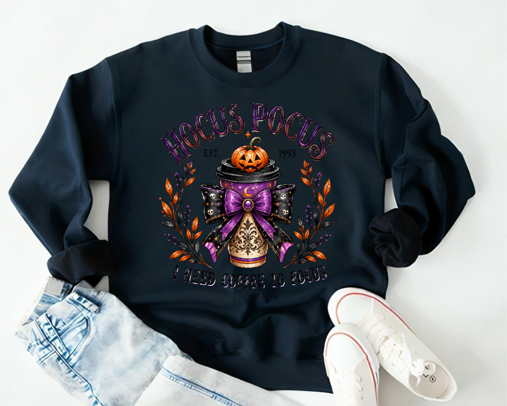Spooky Brew - I Need Coffee To Focus Halloween Sweatshirt, Witch Coffee Lover Crewneck, Vintage Spooky Season Shirt, Fall Graphic Gift for Women