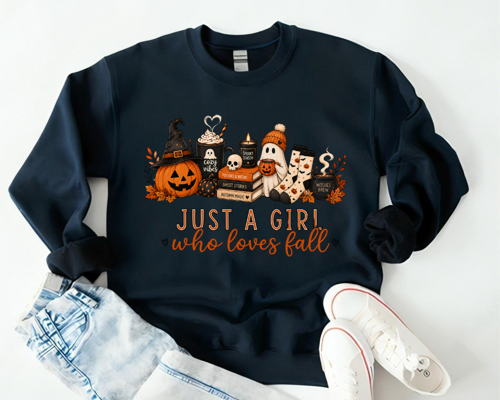 Just A Girl Who Loves Fall Sweatshirt, Cozy Halloween Pumpkin Crewneck, Cute Ghost Coffee Graphic Pullover, Autumn Lover Sweatshirt, Fall Gift for Women