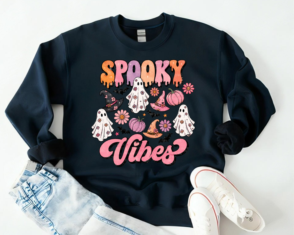 Halloween Sweatshirt, Cute Ghost Sweater, Spooky Vibes Vintage Fall Sweatshirt, Halloween Gift for Women