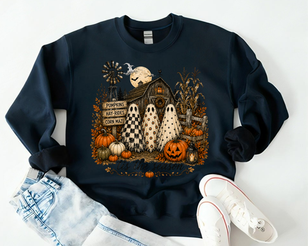 'Tis The Season Farmhouse Halloween Sweatshirt, Pumpkin Ghost Crewneck, Cute Ghost Fall Shirt, Spooky Season Sweatshirt
