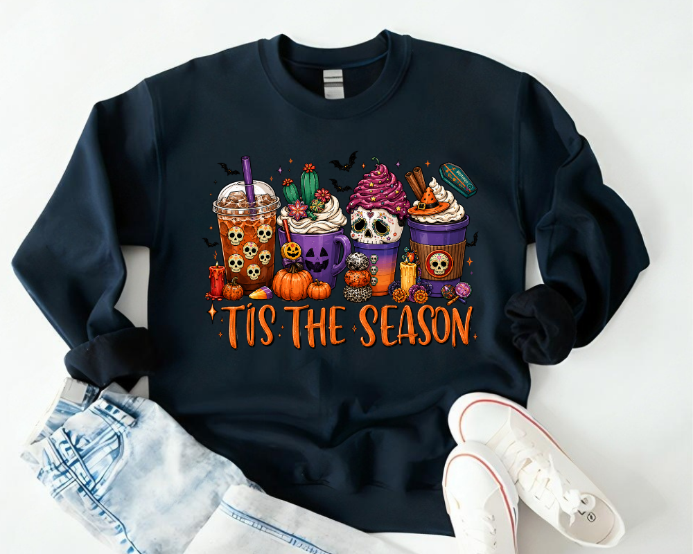 Tis The Season Halloween Coffee Sweatshirt, Spooky Season Crewneck, Pumpkin Spice Coffee Lover Shirt, Vintage Fall Graphic Pullover, Halloween Gift for Women