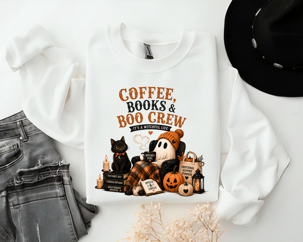 Coffee, Books & Boo Crew Sweatshirt, Cozy Halloween Ghost Hoodie, Cute Autumn Booklover Gift