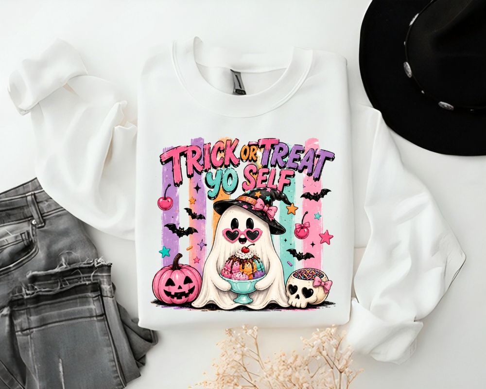 Trick or Treat Yo Self - Ghost Halloween Sweatshirt, Cute Ghost Shirt, Funny Halloween Sweatshirt, Women's Halloween Crewneck, Spooky Season Sweatshirt