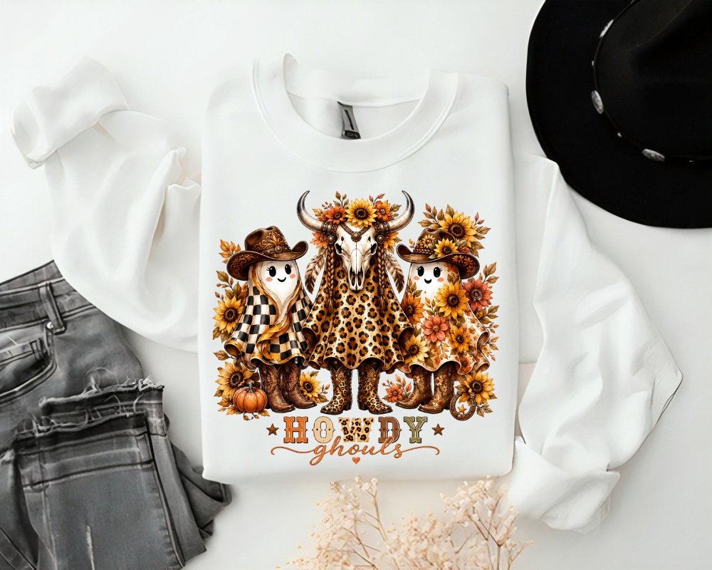 Howdy Ghouls Sweatshirt, Western Halloween Ghost Shirt, Cowgirl Ghost Crewneck, Sunflower Leopard Halloween Sweatshirt, Cute Fall Western Gift for Women
