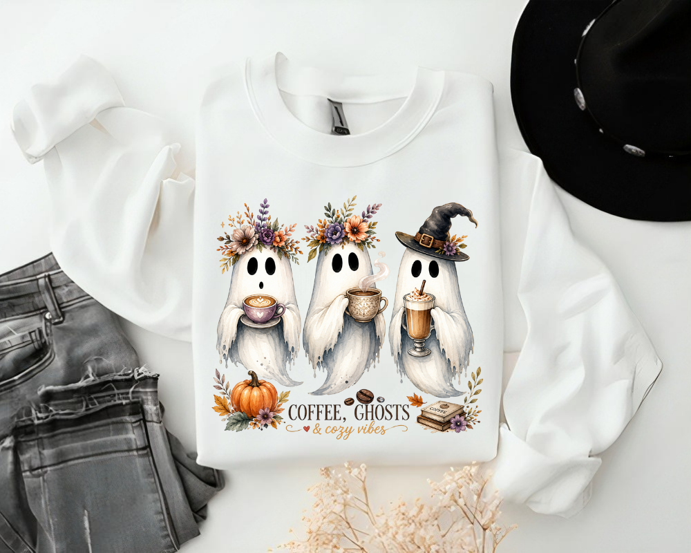 Cute Ghost Halloween Sweatshirt, Coffee Ghosts & Cozy Vibes Crewneck, Spooky Season Coffee Shirt, Fall Coffee Lover Gift
