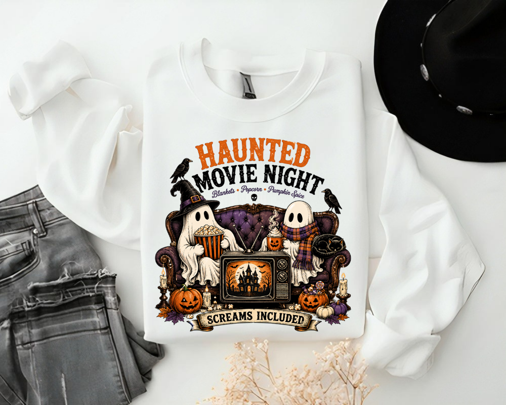 Haunted Movie Night Halloween Sweatshirt, Cute Ghost Crewneck, Cozy Spooky Season Gift for Women