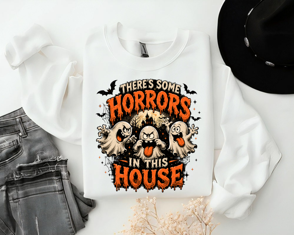 There's Some Horrors in This House - Halloween Ghost Sweatshirt, Funny Spooky Ghost Graphic Crewneck, Cute Haunted House Fall Pullover, Halloween Party Costume Gift, Spooky Season Gift for Women