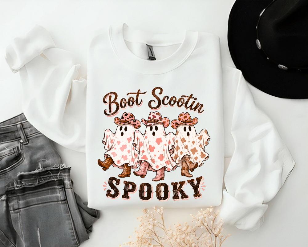 Boot Scootin Spooky Ghost Halloween Sweatshirt, Cowgirl Ghost Shirt, Western Halloween Crewneck, Cute Cowboy Ghost Fall Sweatshirt