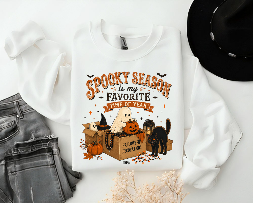 Spooky Season Is My Favorite Time of Year Halloween Sweatshirt, Cute Ghost Pumpkin Crewneck, Black Cat Fall Graphic Pullover, Cozy Autumn Halloween Gift for Women