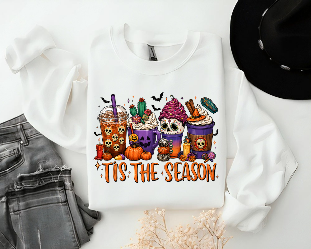 Tis The Season Halloween Coffee Sweatshirt, Spooky Season Crewneck, Pumpkin Spice Coffee Lover Shirt, Vintage Fall Graphic Pullover, Halloween Gift for Women