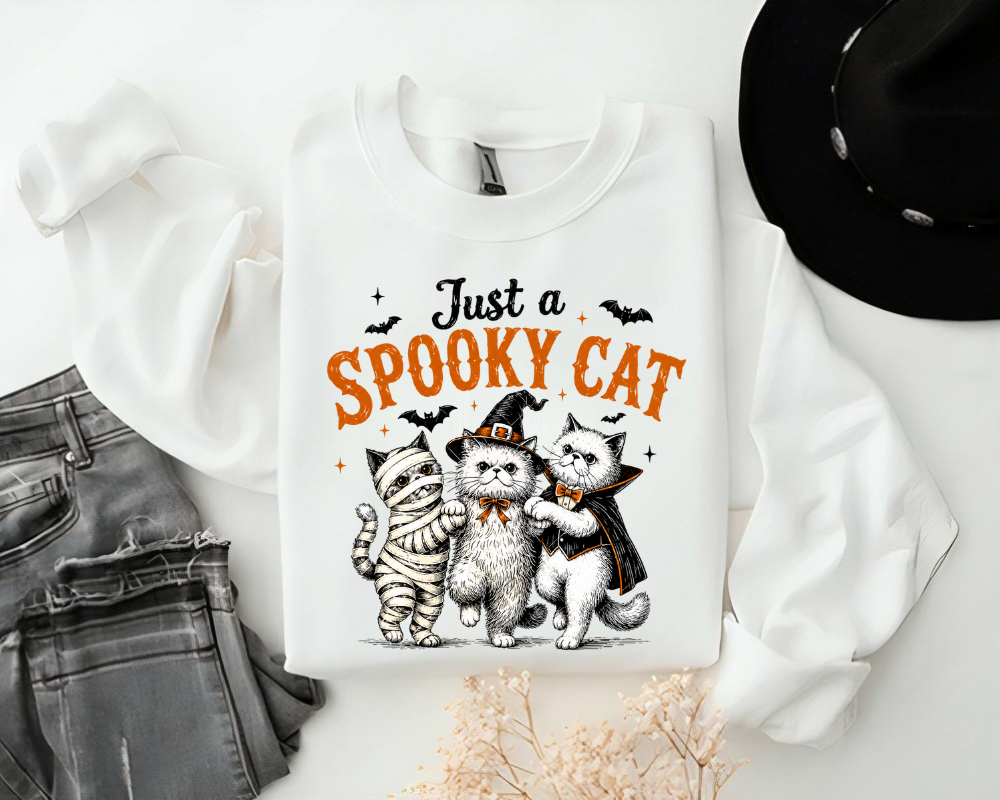 Just a Spooky Cat Halloween Sweatshirt, Cute Cat Ghost Crewneck, Halloween Gift for Cat Lovers