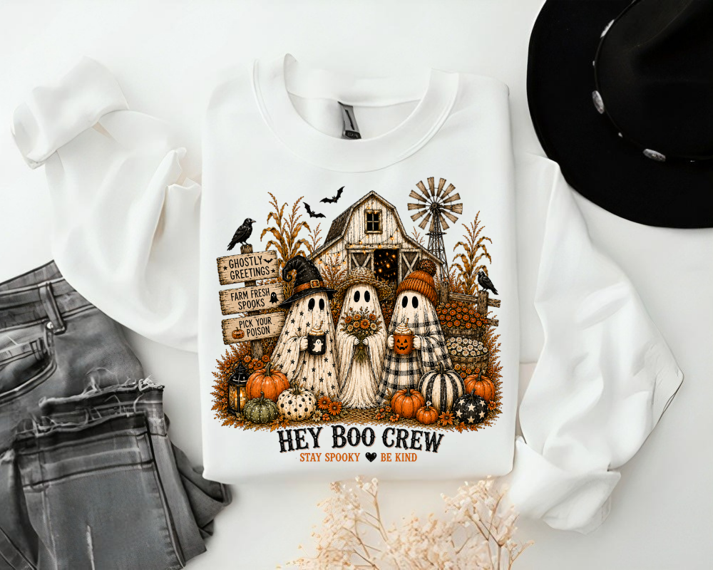 Hey Boo Crew Sweatshirt, Cute Ghost Halloween Sweatshirt, Spooky Season Crewneck, Pumpkin Patch Fall Shirt, Cozy Autumn Gift for Women