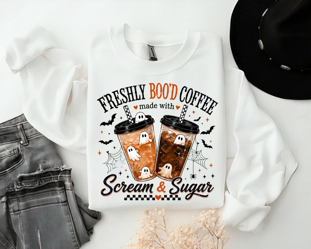 Freshly Boo'd Coffee Halloween Sweatshirt, Ghost Coffee Shirt, Spooky Season Crewneck, Coffee Lover Gift for Women