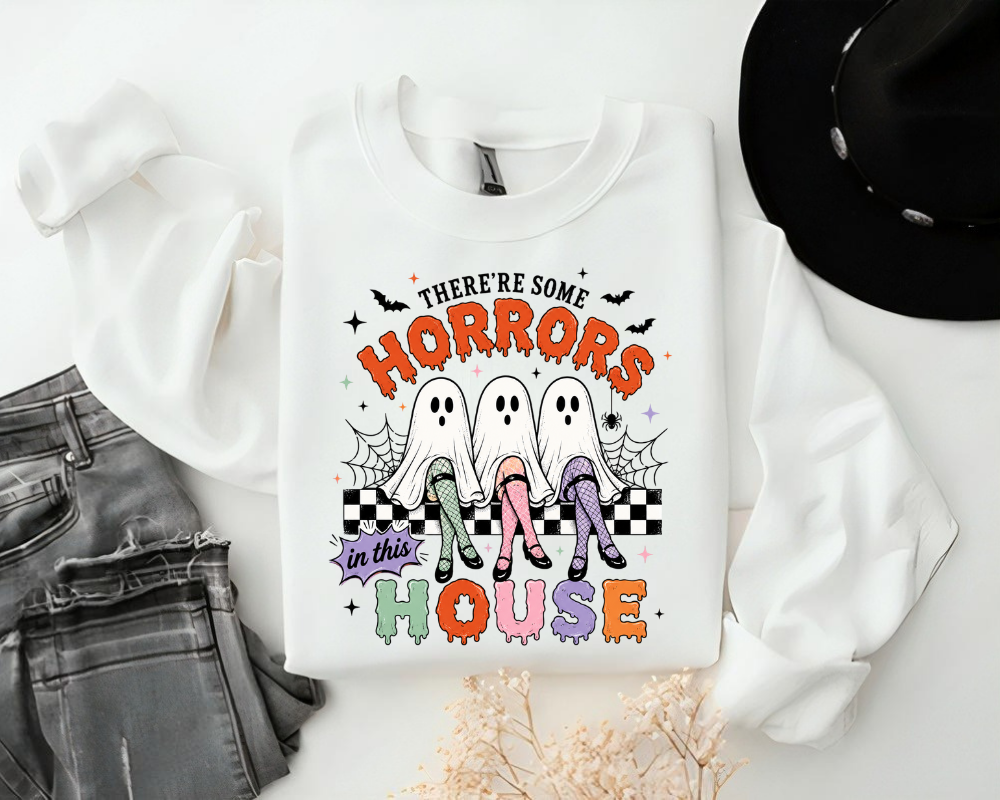 There's Some Horrors In This House Halloween Sweatshirt, Cute Ghost Trio Crewneck, Retro Coquette Spooky Season Pullover, Funny Ghost Graphic Sweatshirt, Halloween Gift for Women