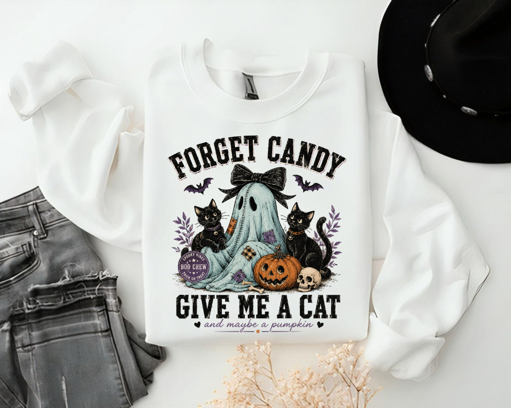 Forget Candy Give Me a Cat Sweatshirt, Black Cat Ghost Halloween Crewneck, Cute Spooky Season Sweatshirt, Cat Lover Fall Shirt, Halloween Gift for Women