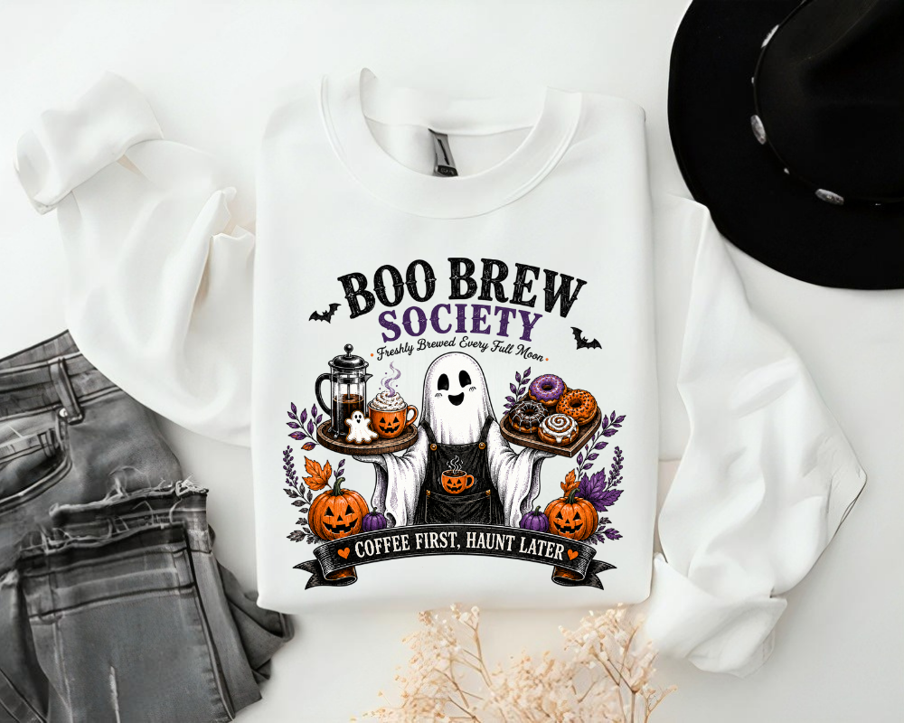 Boo Brew Society Halloween Sweatshirt, Ghost Coffee Crewneck, Spooky Season Gift for Women