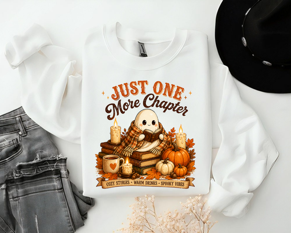 Just One More Chapter Halloween Sweatshirt, Cute Ghost Reading Crewneck, Cozy Fall Book Lover Sweatshirt, Pumpkin Autumn Graphic Pullover, Reader Gift for Women