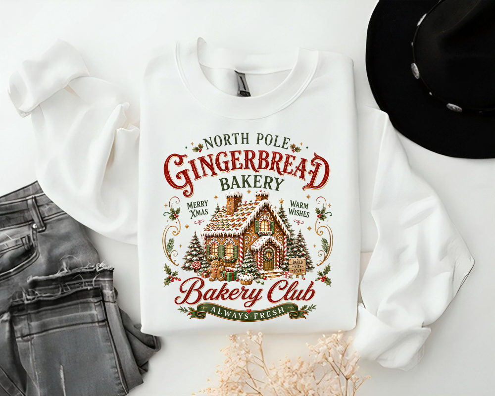 North Pole Gingerbread Bakery, Cozy Christmas Sweatshirt, Gingerbread House Holiday Crewneck, Vintage Christmas Graphic Shirt, Baking Lover Gift