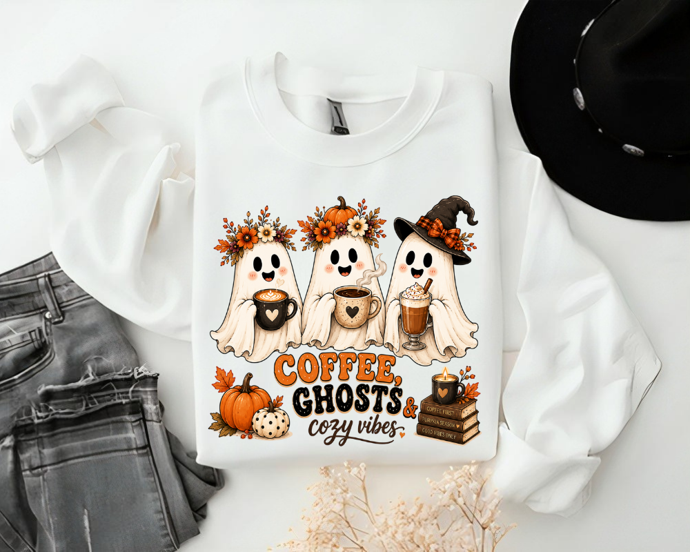 Cute Ghost Halloween Sweatshirt, Spooky Season Crewneck, Coffee Lover Sweatshirt, Fall Ghost Shirt, Halloween Gift for Women