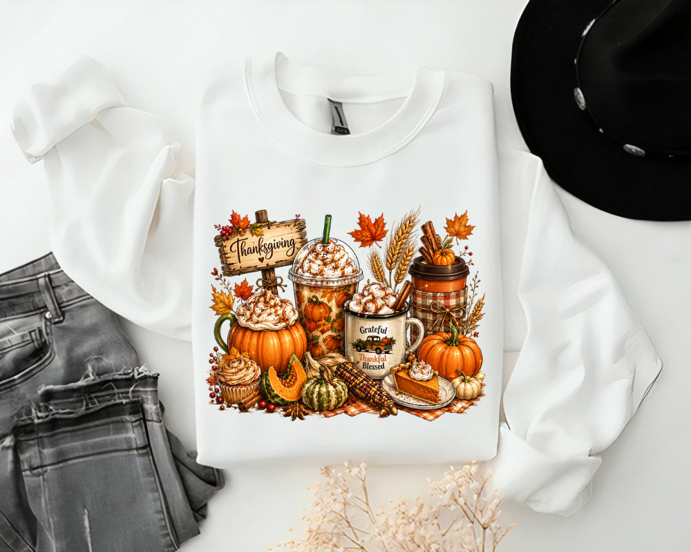 Thanksgiving Coffee Sweatshirt, Pumpkin Spice Fall Crewneck, Cozy Autumn Graphic Shirt, Grateful Thankful Blessed Pullover, Fall Gift for Women